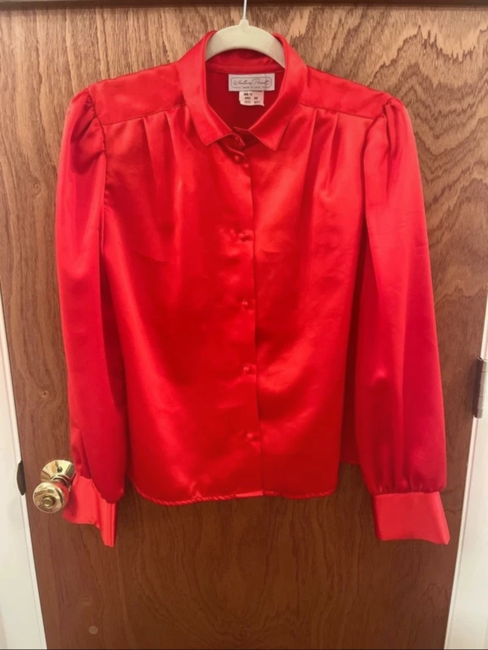 Vintage Red Satin Button-Up Blouse